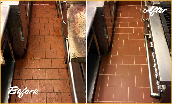 Before and After Picture of a Debary Restaurant Kitchen Tile and Grout Cleaned to Eliminate Dirt and Grease Build-Up