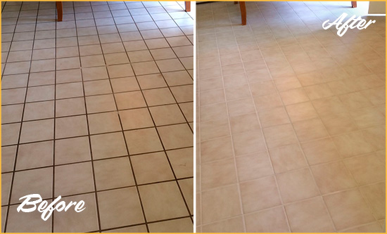 Before and After Picture of a Debary Kitchen Tile and Grout Cleaned to Remove Embedded Dirt