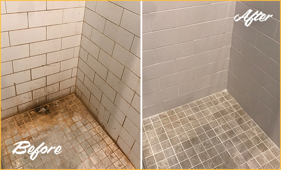 Before and After Picture of a Debary Shower Tile and Grout Cleaned to Eliminate Mold and Stains