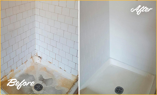 Before and After Picture of a Debary Shower Tile and Grout Cleaned to Remove Soap Scum