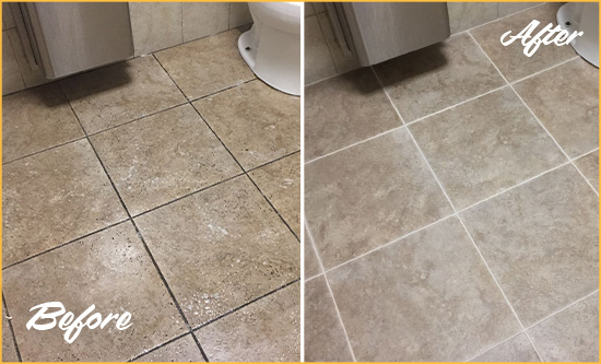 Before and After Picture of a Debary Restroom Tile and Grout Cleaned to Remove Soil