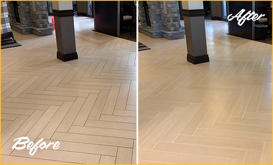 Before and After Picture of a Debary Office Floor Tile and Grout Cleaned to Remove Stains