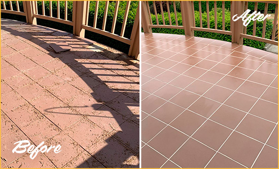 Before and After Picture of a Port Orange Hard Surface Restoration Service on a Tiled Deck