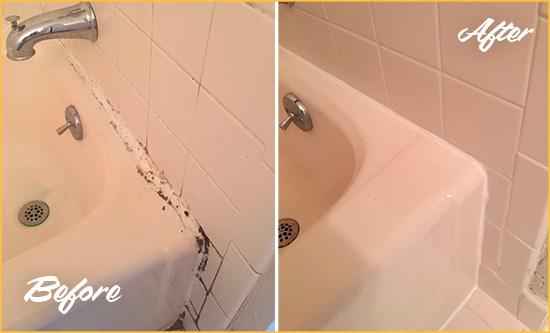 Before and After Picture of a Port Orange Hard Surface Restoration Service on a Tile Shower to Repair Damaged Caulking