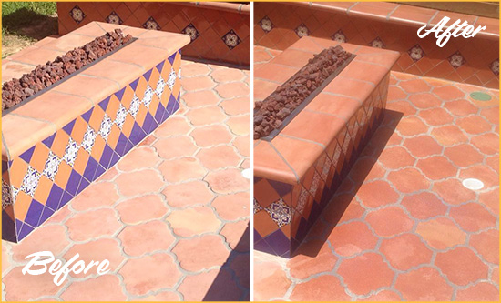 Before and After Picture of a Port Orange Hard Surface Restoration Service on a Dull Terracotta Patio Floor to Recover Its Color