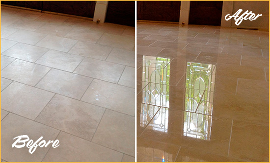 Before and After Picture of a Port Orange Hard Surface Restoration Service on a Dull Travertine Floor Polished to Recover Its Splendor