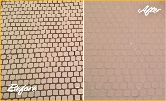 Before and After Picture of a Port Orange Hard Surface Restoration Service on a Bathroom Tile Floor Recolored to Fix Grout Color