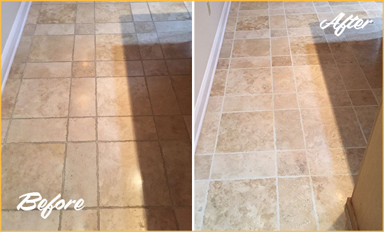 Before and After Picture of Port Orange Kitchen Floor Grout Cleaned to Recover Its Color