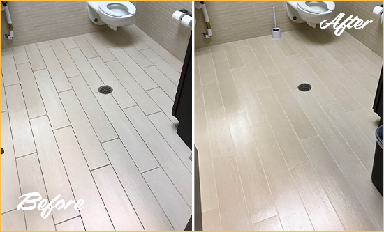 Before and After Picture of a Port Orange Office Restroom's Grout Cleaned to Remove Dirt