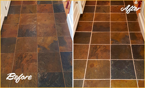 Before and After Picture of Port Orange Slate Floor Grout Cleaned to Remove Dirt